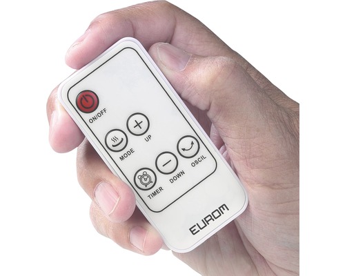 Ruka drží bílý dálkový ovladač Eurom.