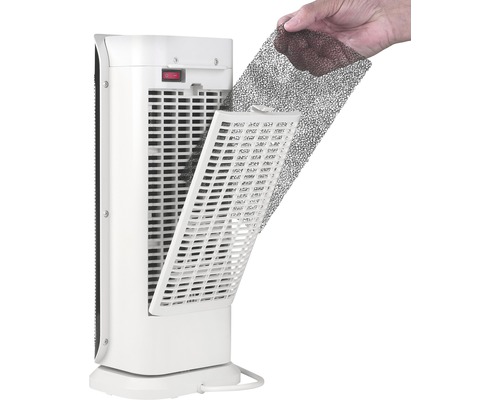 Je zobrazen topný ventilátor s odnímatelným filtrem.