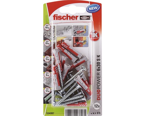 Hmoždinky Fischer Duopower 6x30 SK, 12 kusů v sadě