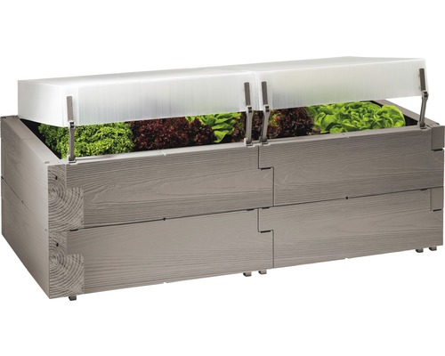 Vyvýšený záhon JUWEL Timber zástrčný 130 x 60 x 52 cm plastový vč. pařeniště Dřevěný vyvýšený záhon se salátem a průhledným krytem