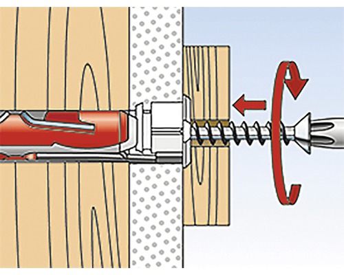 Ilustrace šroubu zašroubovaného do zdi pro upevnění kusu dřeva