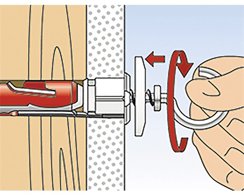 Ilustrace montáže sklopné kotvy s okem do zdi