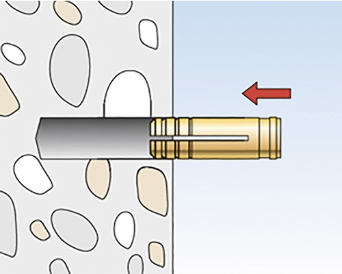 Ilustrace hmoždinky ve zdi se šipkou ukazující směr.