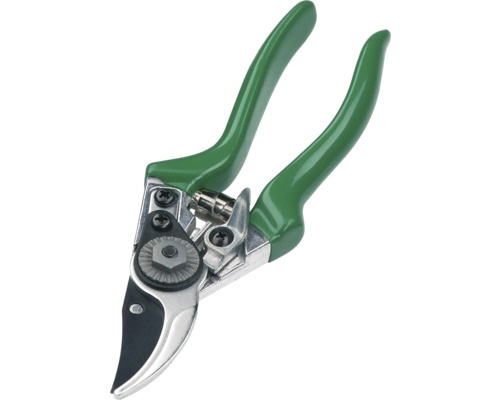 Zahradní nůžky se zelenými rukojeťmi a stříbrnou řezací hlavou