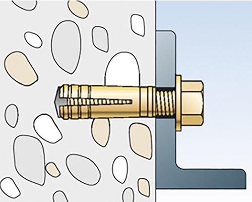 Ilustrace kotevního šroubu v betonové zdi pro upevnění úhelníku.