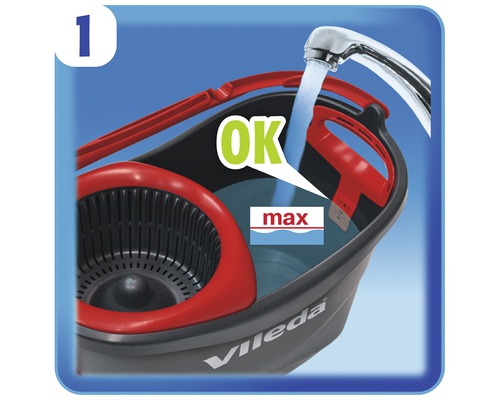 Logo Vileda na kbelíku s kohoutkem, indikátor maximální hladiny a nápis ''OK''