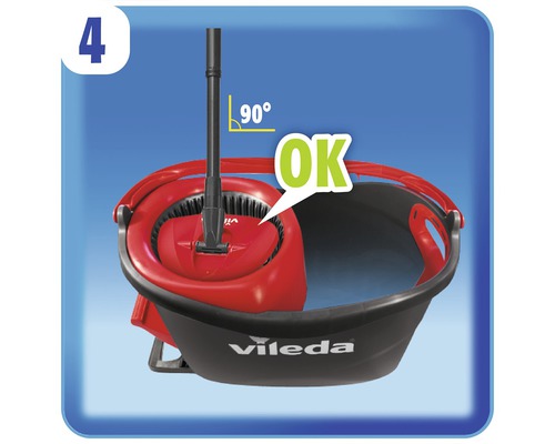 Mop a vědro Vileda s nápisem OK a znázorněním úhlu 90 stupňů