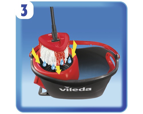 Logo společnosti Vileda. Zobrazení funkce ždímání mopu pomocí šipek a kapek vody.