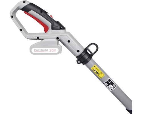 Rukojeť akumulátorového zahradního nářadí s varováními a údajem o hladině hluku