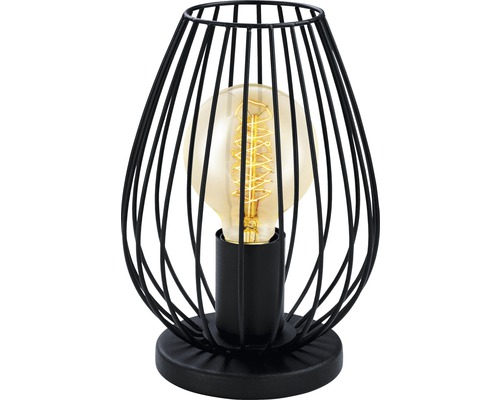 Dekorativní stolní lampa s černým drátěným rámem a žárovkou