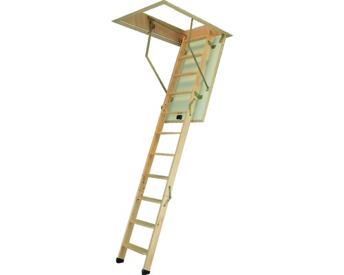 Rozložené dřevěné půdní schody s kovovými kováními.