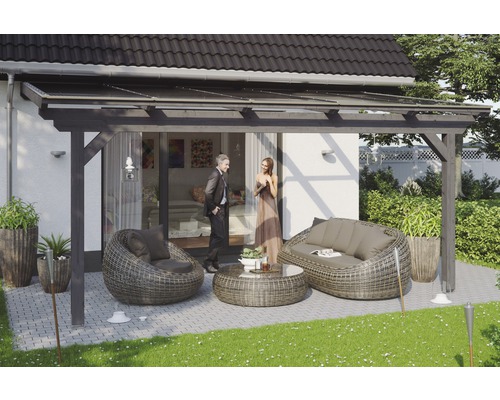 Zastřešení terasy SKAN HOLZ Ancona 541 x 250 cm, břidlicově šedé laminované dřevo Terasa se sedací soupravou pod terasovou střechou