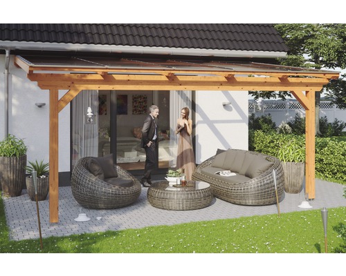 Zastřešení terasy SKAN HOLZ Ancona 541x350 cm, laminované dřevo světlý dub Zastřešená terasa s dřevěnou konstrukcí a posezením