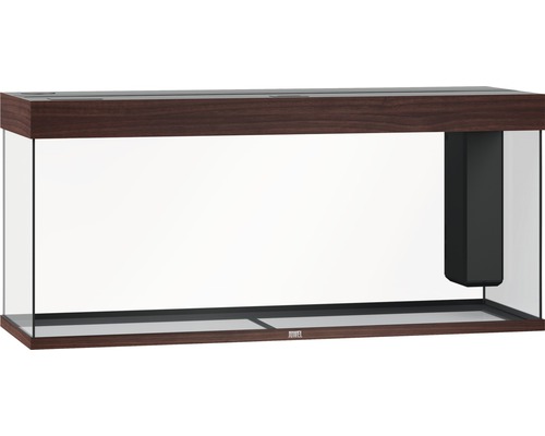 Prázdné akvárium s tmavým dřevěným rámem a integrovaným filtračním systémem