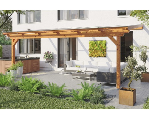 Zastřešení terasy SKAN HOLZ Ancona 648x400 cm, laminované dřevo světlý dub Terasa s dřevěnou terasou a zahradním nábytkem před domem