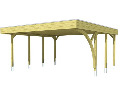 Dřevěný carport se sloupky a plochou střechou