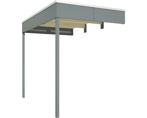 Šedý přístřešek pro auto s dřevěnou spodní konstrukcí