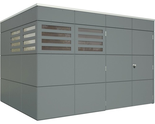 Šedá kůlna na nářadí s dveřmi a okny