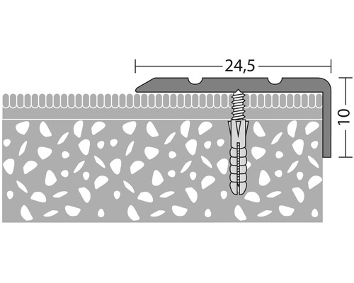 Nákres ukončovacího profilu se šroubem a hmoždinkou, rozměry 24,5 x 10 mm