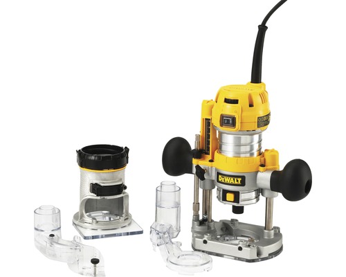 Logo DeWalt. Kompaktní horní frézka s příslušenstvím.