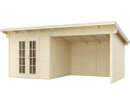 Dřevěný zahradní domek s dvoukřídlými dveřmi a přístavbou