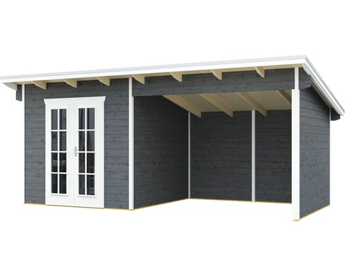 Zahradní domek s dvoukřídlými dveřmi a dřevěnou markýzou