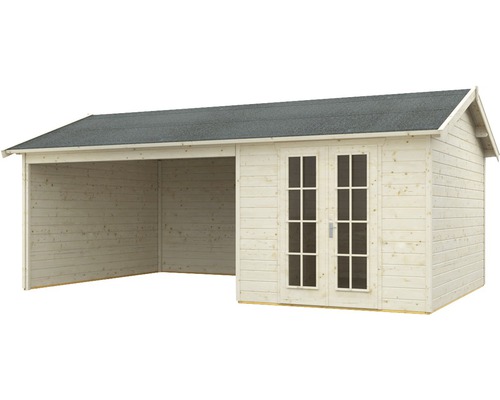 Dřevěný zahradní domek s přístřeškem pro auto a dvoukřídlými dveřmi