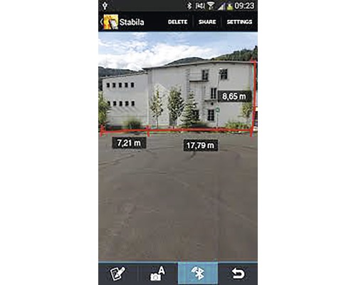 Zobrazení obrazovky aplikace Stabila s rozměry budovy