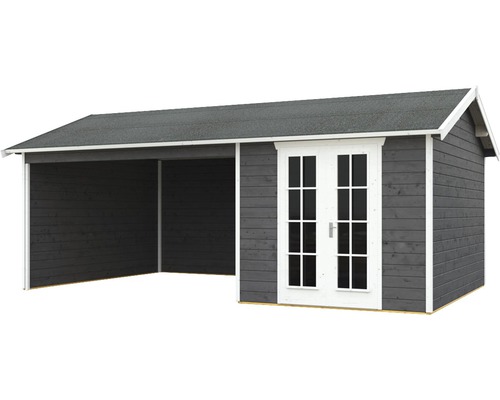 Dřevěný zahradní domek s přístavkem a dvoukřídlými dveřmi