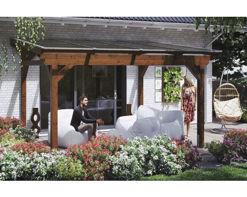 Zastřešení terasy SKAN HOLZ Sanremo 434x400 cm, ořech lepené lamelové dřevo Zastřešená terasa s posezením v zahradě