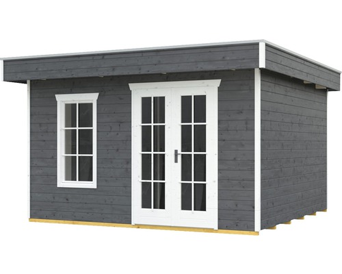 Dřevěný zahradní domek s oknem a dvoukřídlými dveřmi