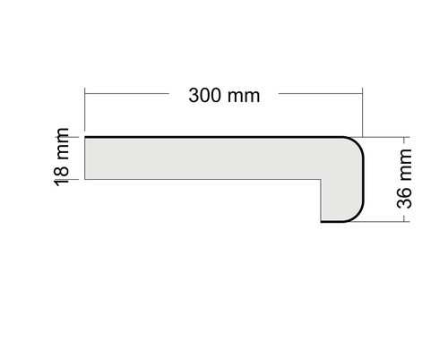 Technický nákres profilu s rozměry 300 mm délka, 18 mm výška a 36 mm hloubka