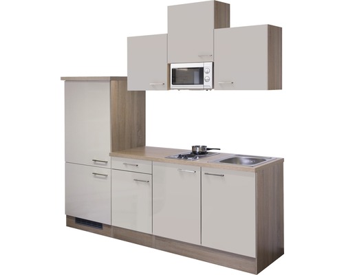 Kompaktní kuchyňská linka s dřezem, varnou deskou, mikrovlnnou troubou a závěsnými skříňkami do malých prostor