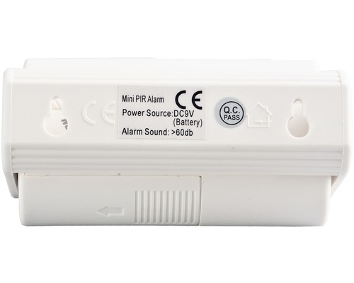 Mini PIR alarm s označením CE a informacemi o napájení a hlasitosti