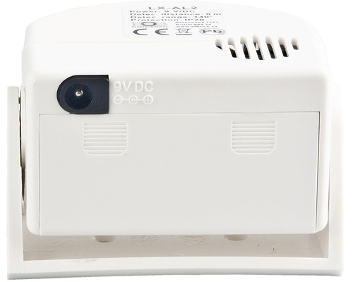 Pohled zezadu na detektor pohybu s připojením pro 9voltový stejnosměrný proud