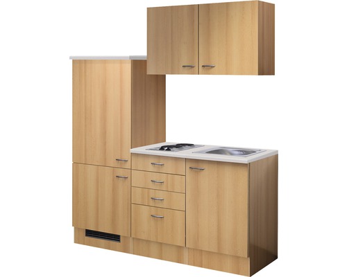 Kompaktní kuchyňka s dřezem, varnou deskou, zásuvkami a skříňkami