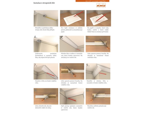 Návod k instalaci stropních lišt s ilustracemi jednotlivých kroků.