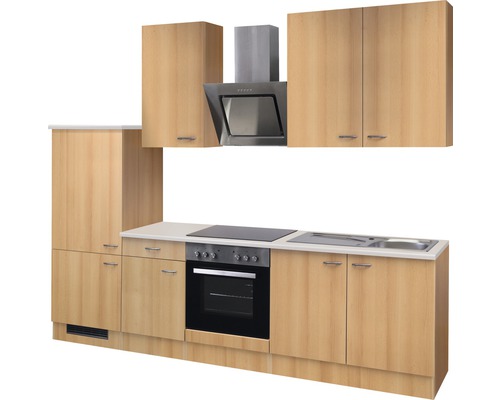 Kuchyňská linka se skříňkami, odsavačem par, dřezem a elektrickým sporákem