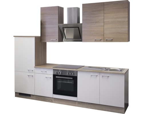 Kuchyňská linka se závěsnými skříňkami, digestoří, dřezem a elektrickým sporákem