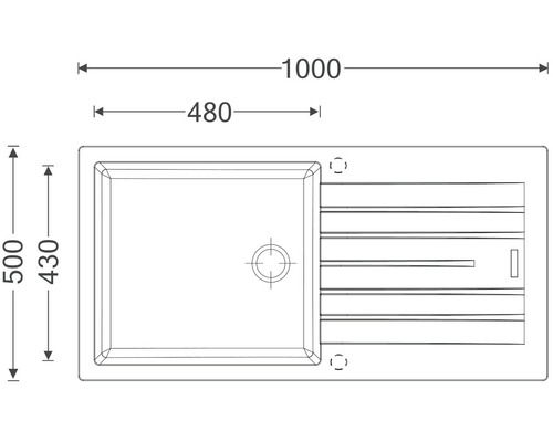Nákres kuchyňského dřezu s rozměry: 1000 x 500 mm