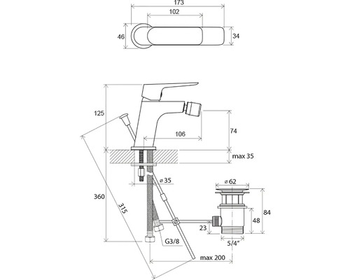 Technický nákres armatury s rozměry