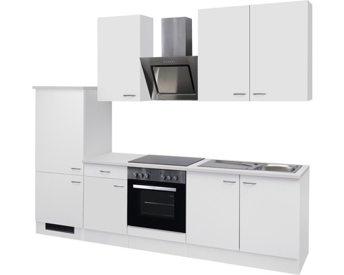 Kompletní kuchyňská linka s dřezem, sporákem, troubou a odsavačem par.