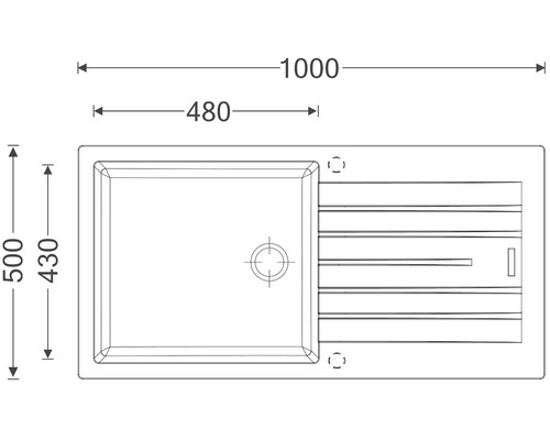 Nákres kuchyňského dřezu o rozměrech 1000 x 500 milimetrů.
