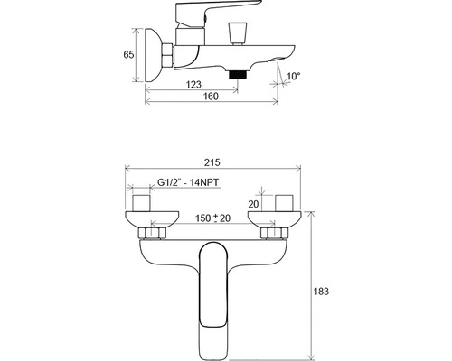 Technický nákres armatury s rozměry