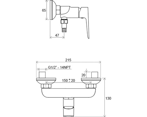 Technický výkres sprchové baterie s rozměry