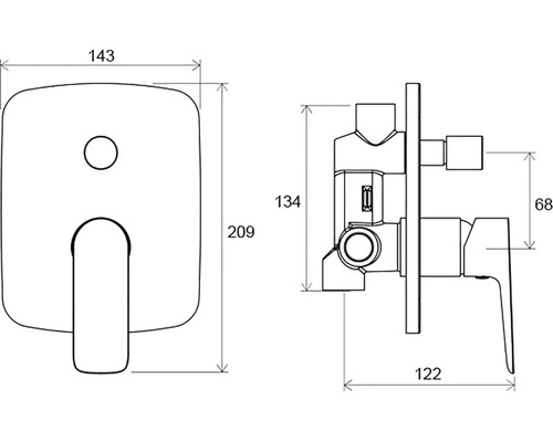 Technický výkres podomítkové baterie s rozměry
