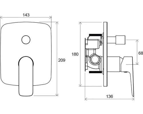 Technický výkres podomítkové baterie s rozměry