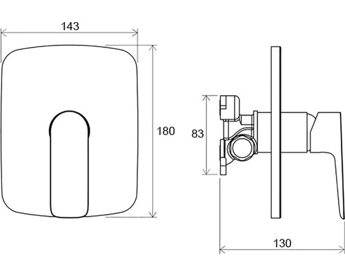 Technický nákres podomítkové baterie s rozměry