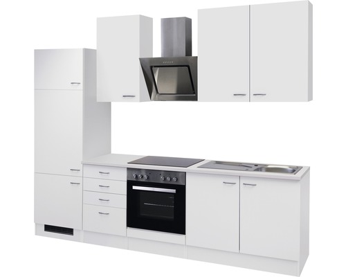 Kompletní bílá vestavná kuchyně se skříňkami, dřezem, sporákem a digestoří