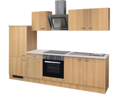 Kuchyňská linka se závěsnými skříňkami, digestoří, sporákem a dřezem